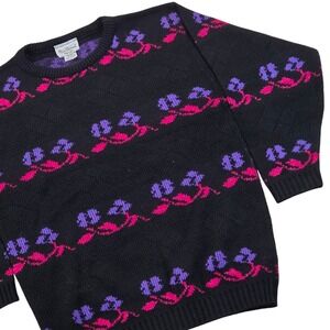 VTG‎ Nan Dorsey USA Made Sweater Floral Knit Acrylic Lurex Black Purple Medium